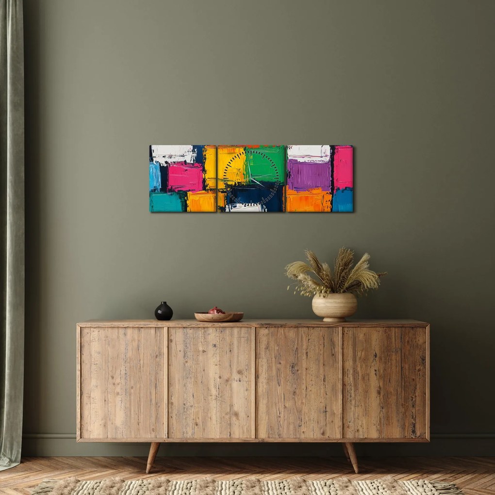 Obraz - Obraz z kolorowymi kwadratami (z zegarem) (90x30 cm)