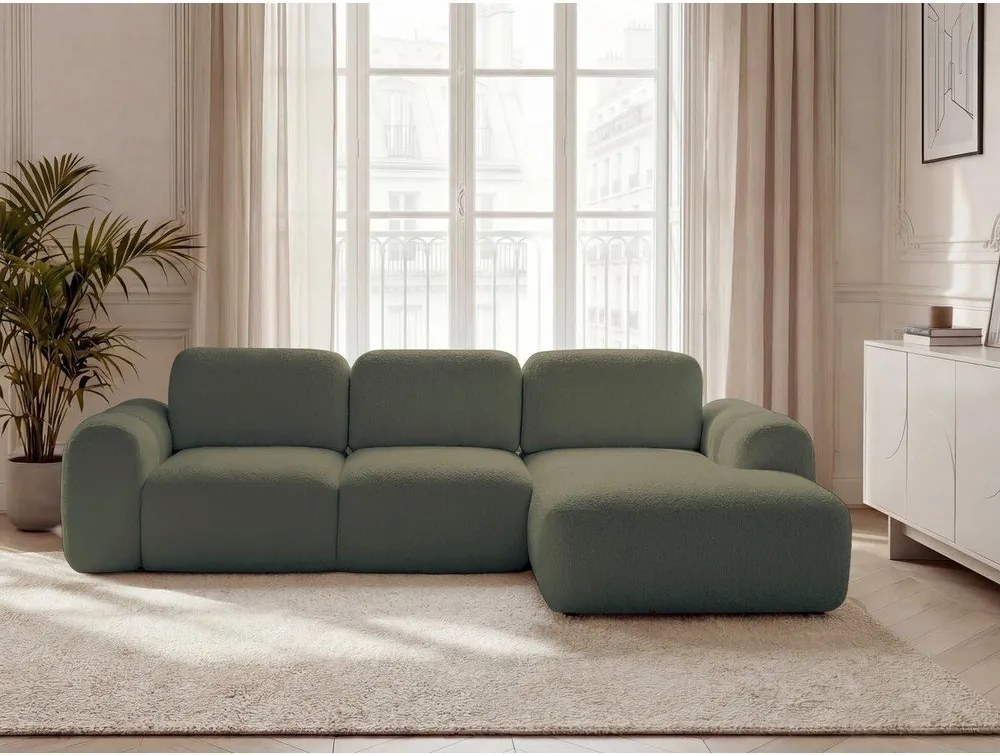 Zielony rozkładany narożnik z materiału bouclé ze schowkiem (prawostronny/z szezlongiem) Montaigne – Bobochic Paris