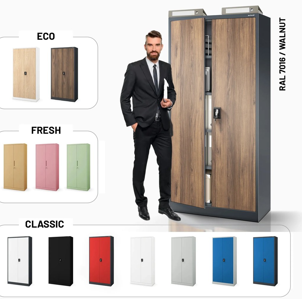 Biurowa szafa metalowa JAN, 900 x 1850 x 400 mm, Eco Design: antracytowa/ orzech