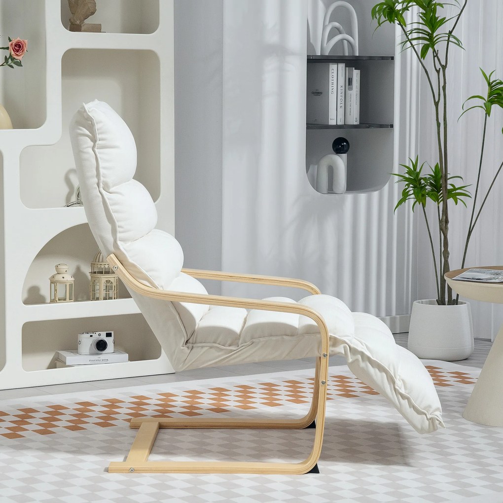 HOMCOM Fotel lounge z laminatu brzozowego, fotel tapicerowany z regulowaną podnóżką, nowoczesny fotel z podłokietnikami, kremowobiały | Aosom PL