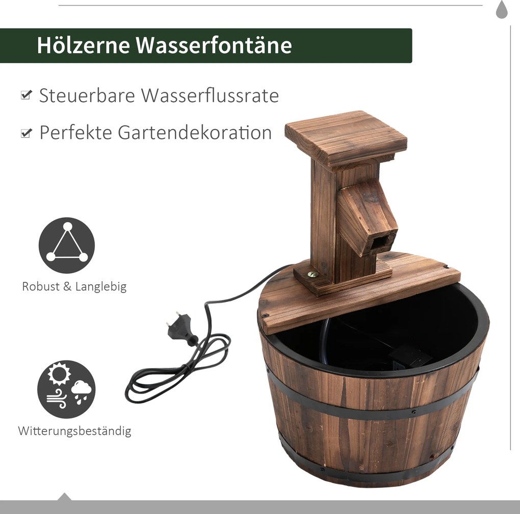 Outsunny Fontanna Ogrodowa Studnia Beczka Wodospad w Kolorze Ciemnobrązowym Drewno Ø27x37cm | Aosom PL