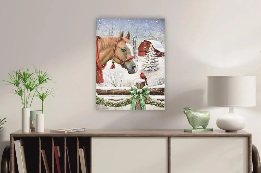 Obraz LED Zimowy Koń i Wróbel 30x40 cm z Timerem