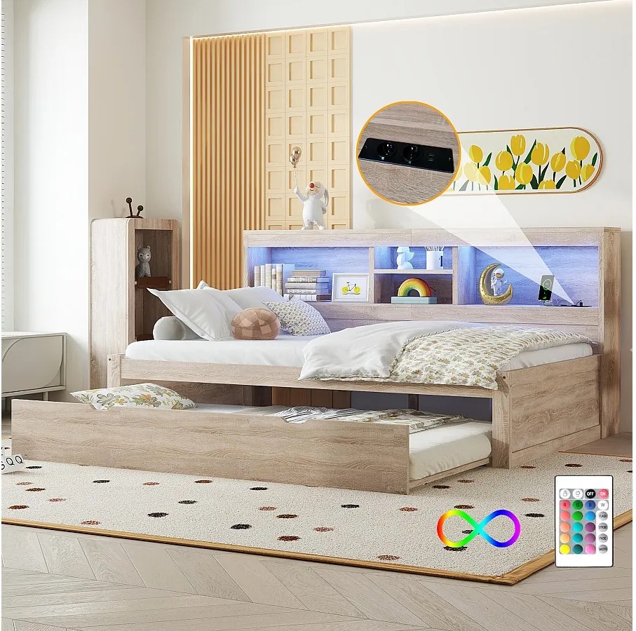 Łóżko wysuwane 90 x 200 cm + 90 x 190 cm z przegródkami i portami USB - LED - Płyta wiórowa + MDF - Naturalne (bez materaca)