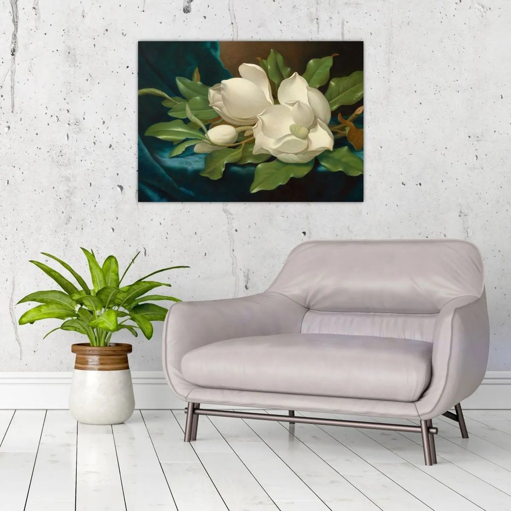 Obraz na szkle - Martin Johnson Heade, Giant Magnolias on a Blue Velvet Cloth, reprodukcje (70x50 cm)