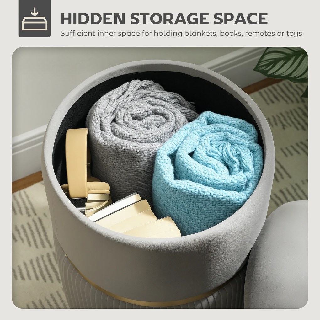 HOMCOM Okrągła Pufa z Przechowalnią, Aksamitny Stołek z Odpinanym Wiekiem, Tapicerowane Siedzisko i Ukryty Schowek, Jasnoszary | Aosom PL