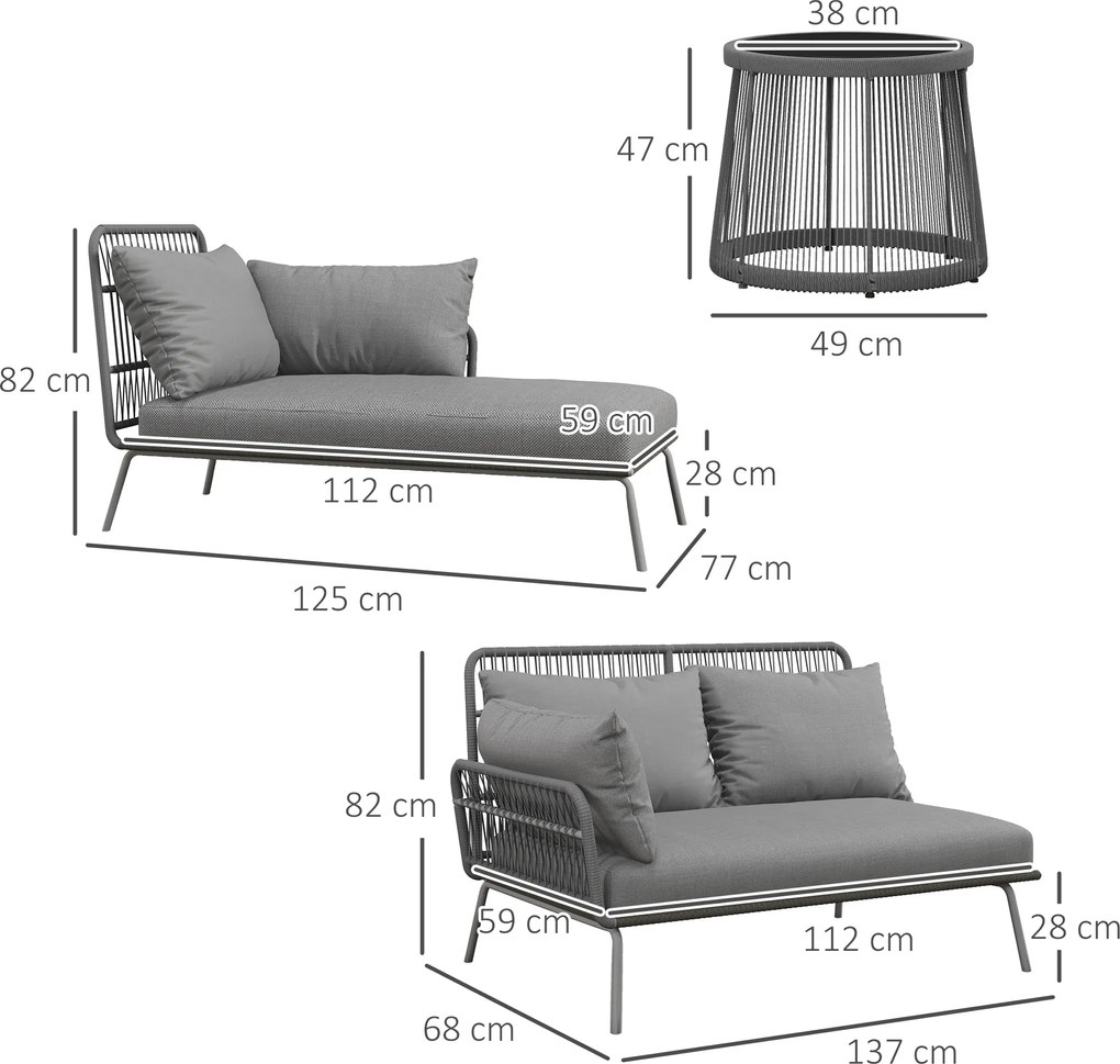 Outsunny 3-częściowy zestaw mebli ogrodowych z rattanu, komplet wraz z poduszkami, zestaw ogrodowy z 1 stolikiem, 1 leżakiem, 1 sofą dwuosobową, zestaw wypoczynkowy do ogrodu, tarasu, stal, jasnoszary