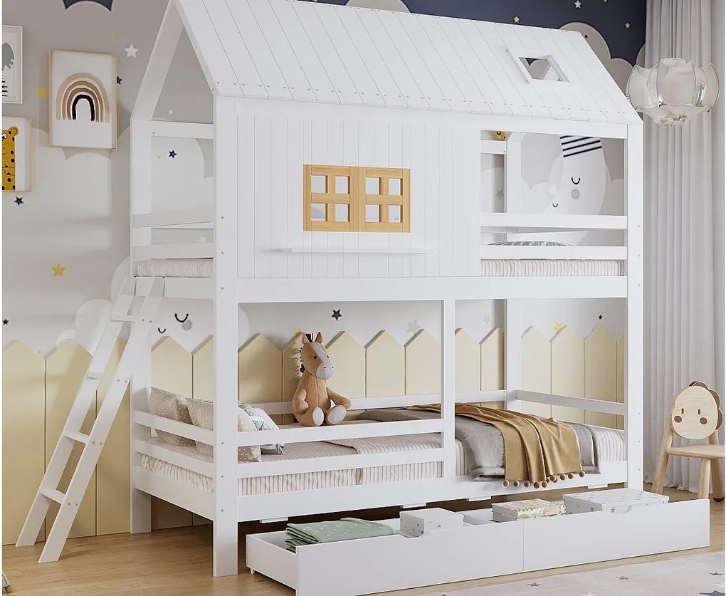 Łóżko piętrowe dziecięce 90x200 cm - z oknem - z 2 szufladami - z drabiną - lite drewno + MDF - biały + naturalny​ (bez materaca)