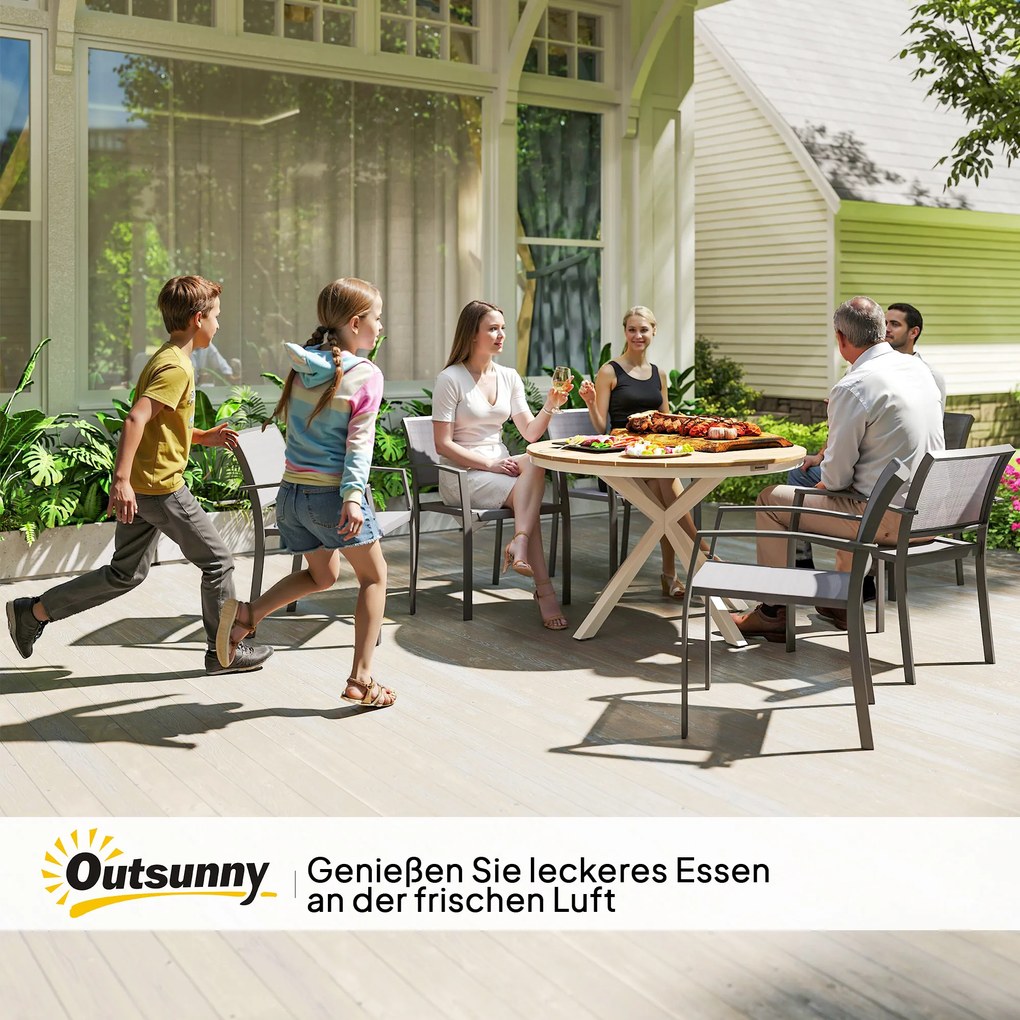 Outsunny Stół Ogrodowy Ø118cm, Wodoodporny Stół Balkonowy z Aluminium, Krzyżujące się nogi z projektem Lamel Teak