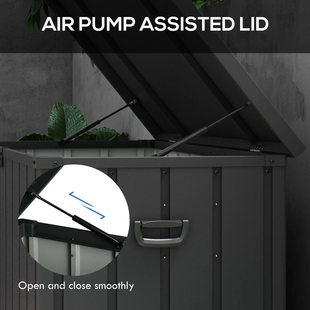 Outsunny Skrzynia Ogrodowa 450L na Poduszki Stalowa z Kółkami i Siłownikami Gazowymi Ciemnoszara Odporna na Warunki Atmosferyczne do Balkonu Ogrodu | Aosom PL