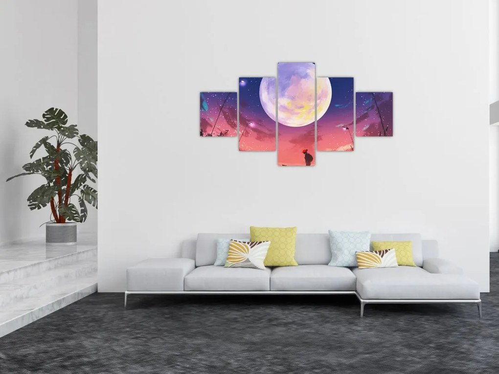 Obraz - Kobieta i pies w pełni księżyca (125x70 cm)