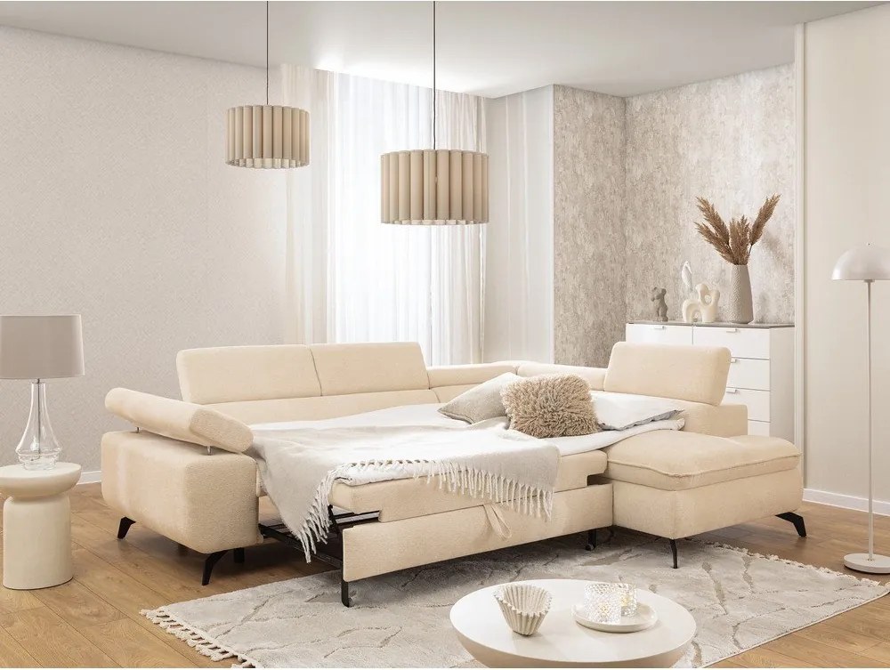 Kremowy narożnik z tkaniny szenilowej (prawostronny/w kształcie litery L) Marbeya – Ropez