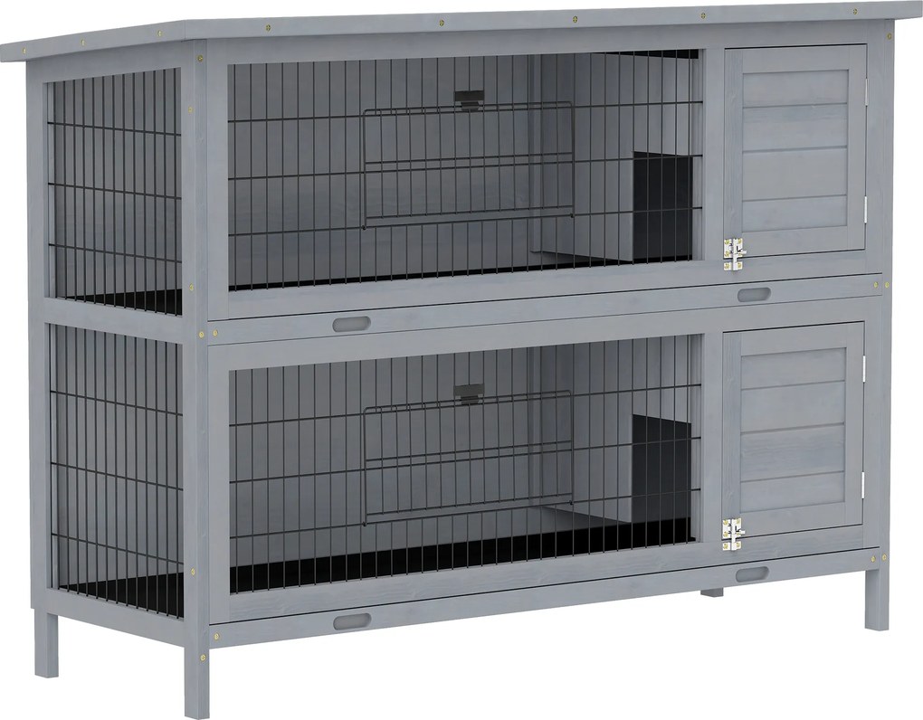 PawHut Klatka dla królików z drewna z 2 poziomami, dach z papy, tacki na dno, drzwi dla małych zwierząt, 136,4 x 50 x 93 cm, szara | Aosom PL