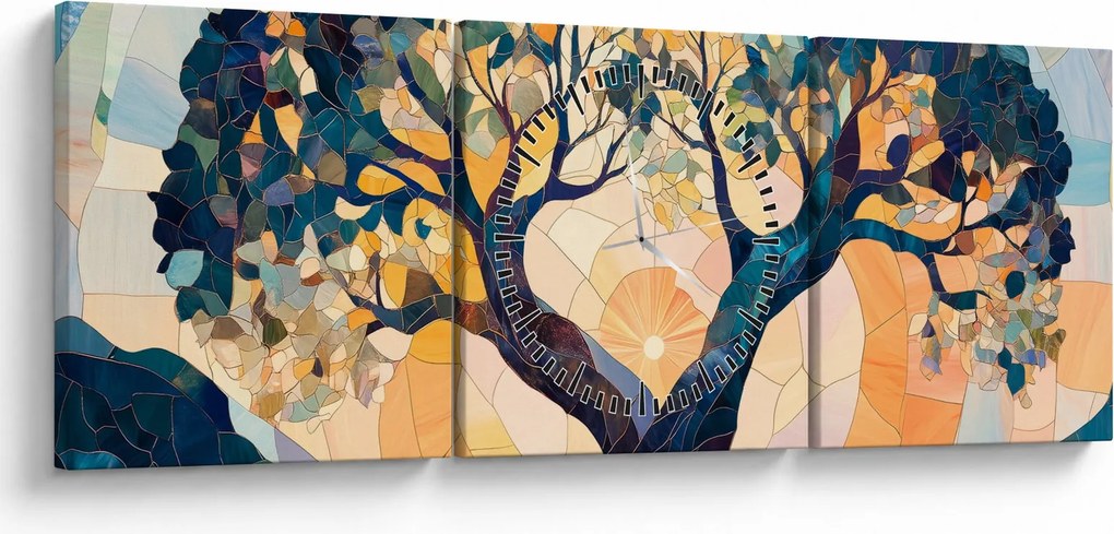 Obraz – Mozaika – słońce i drzewo II. (z zegarem) (90x30 cm)