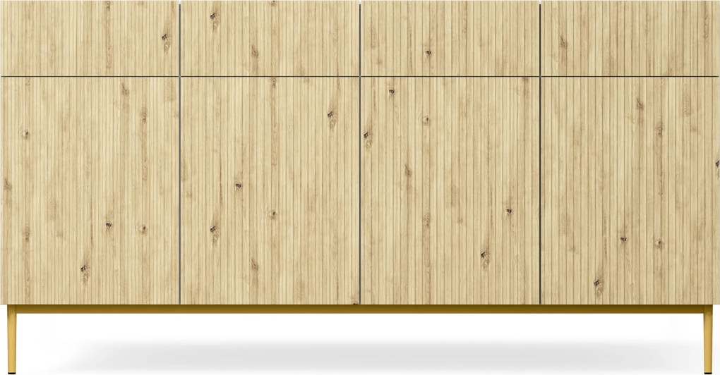 Komoda czterodrzwiowa Nicole 200 cm z szufladami - biały / dąb artisan / złote nóżki