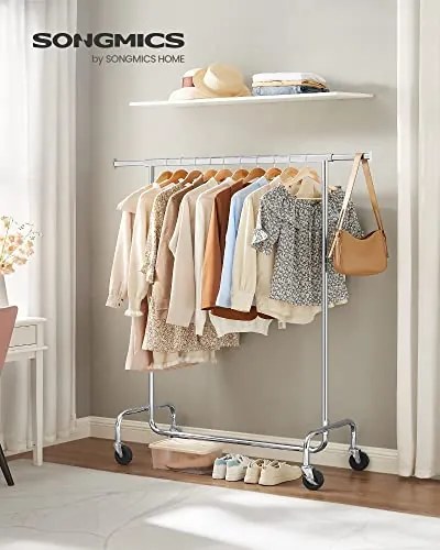 Wieszak na ubrania IRENE na kółkach, max. 130 kg, 150x45x160 cm, srebrny SongmicsHome