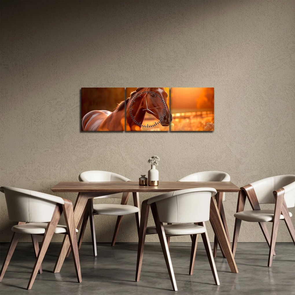 Obraz - Koń o zachodzie słońca (z zegarem) (90x30 cm)