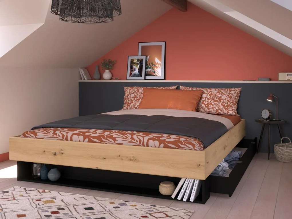 Łóżko z szufladą i wnęką 160 × 200 cm Naturalne i czarne + Stelaż + Materac – MISTA
