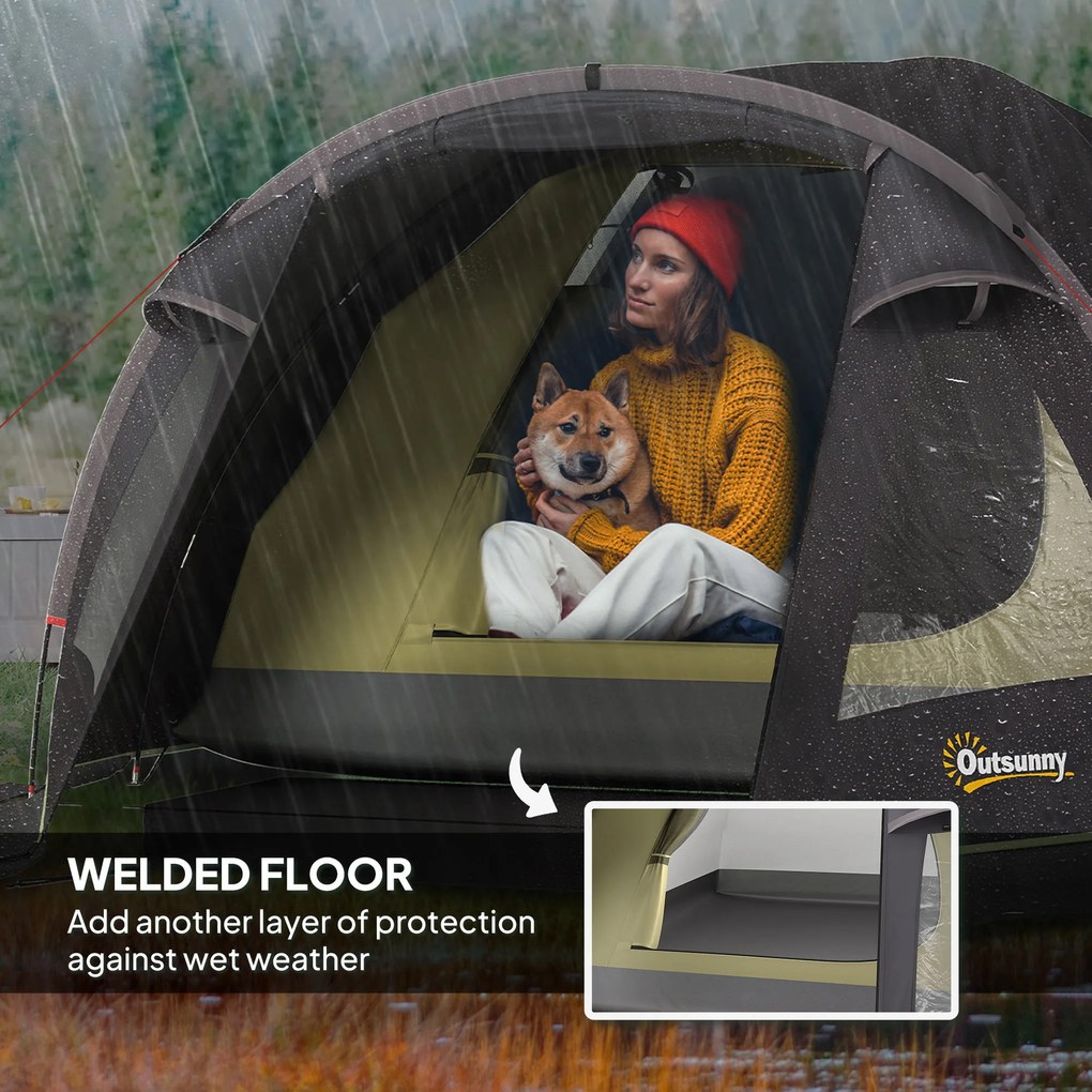 Outsunny Lekki Namiot Campingowy dla 4 Osób UV 50+ - Tunelowy, Czarny z Przedsionkiem, Bocznymi Drzwiami i Oknami