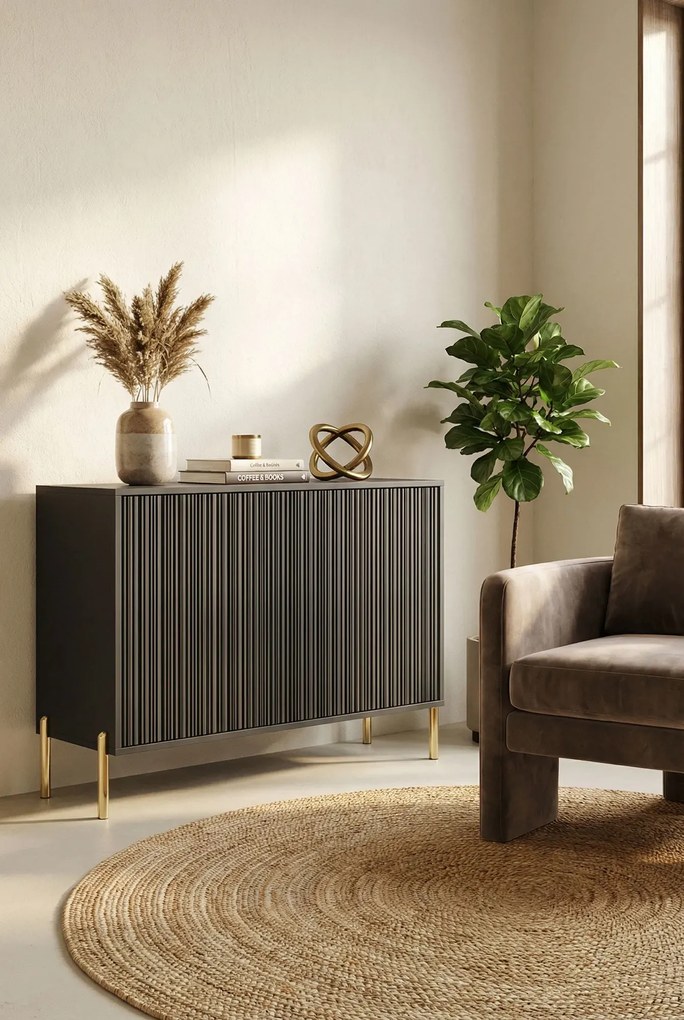 Czarna ryflowana komoda na złotych nóżkach E6-R75