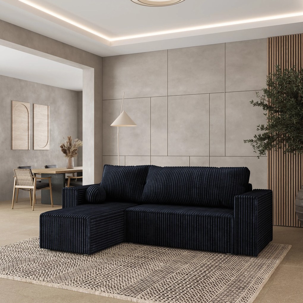 Masseno Narożnik RAVELO z funkcją spania i pojemnikiem na pościel Narozniki L, Rozkładana sofa - Czarny, TILIA 100
