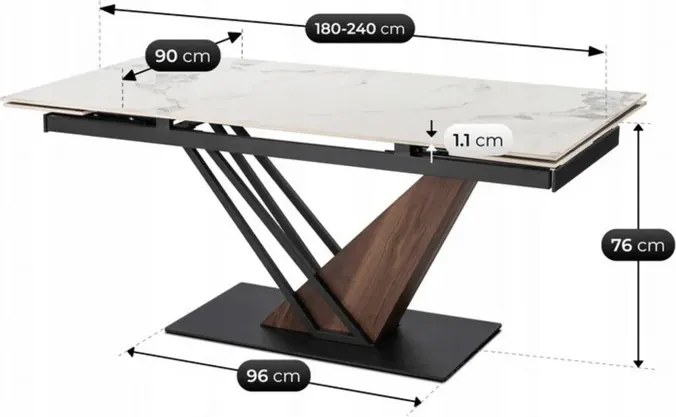 Stół Rozkładany Prostokątny REX 2 180-240 cm Ceramiczny Biały Marmur/Orzech do Jadalni Nowoczesny Loft