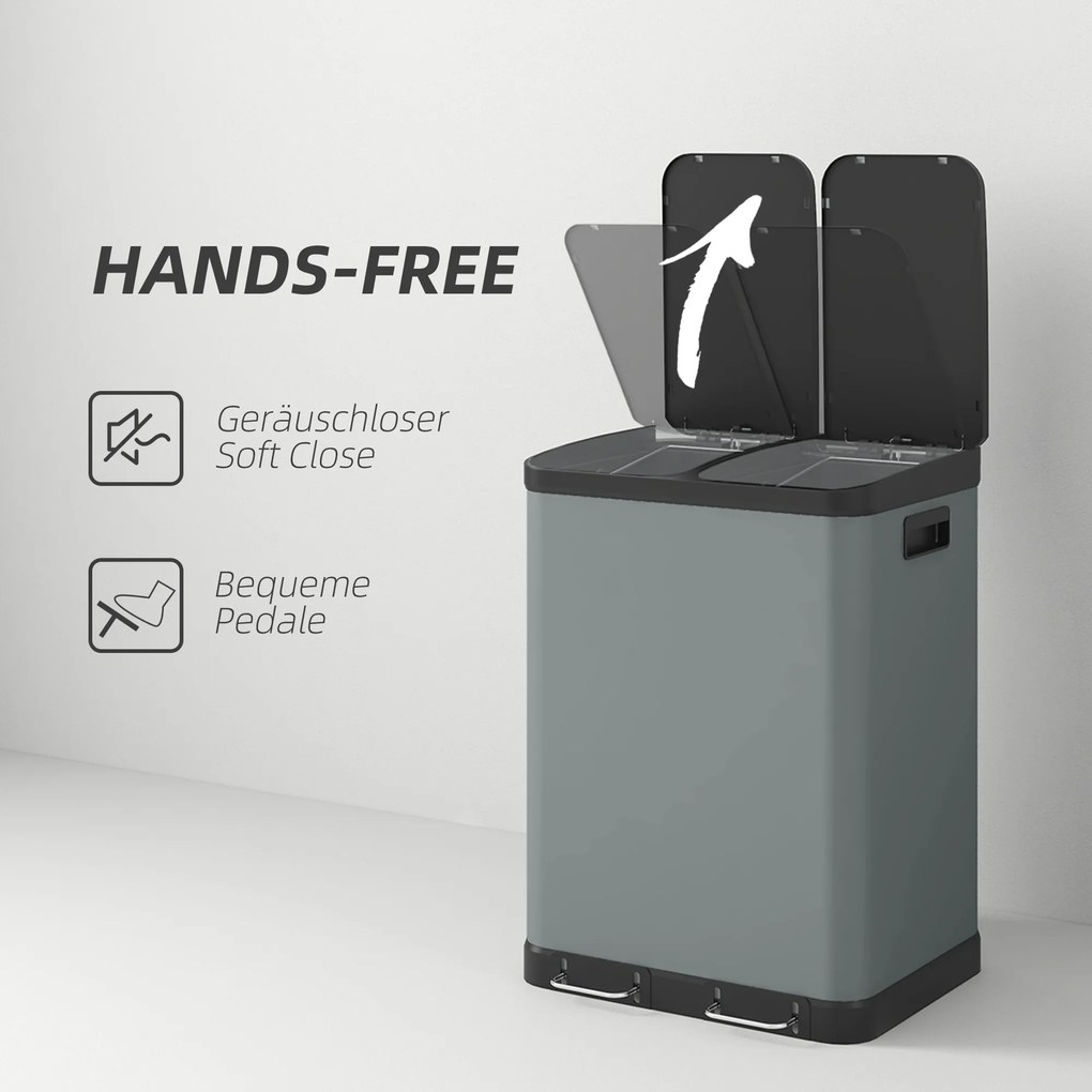 HOMCOM Śmietnik z podwójną komorą, 2 x 30L, odporny na odciski palców, pedał, wyjmowane wewnętrzne kosze, Szary