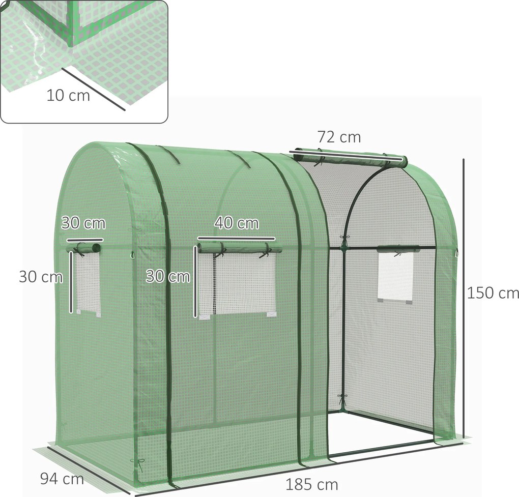 Mini tunel cieplarniany Outsunny, tunel dla roślin, z 2 strefami do uprawy, rolowane drzwi, 185 x 94 x 150 cm, Zielony