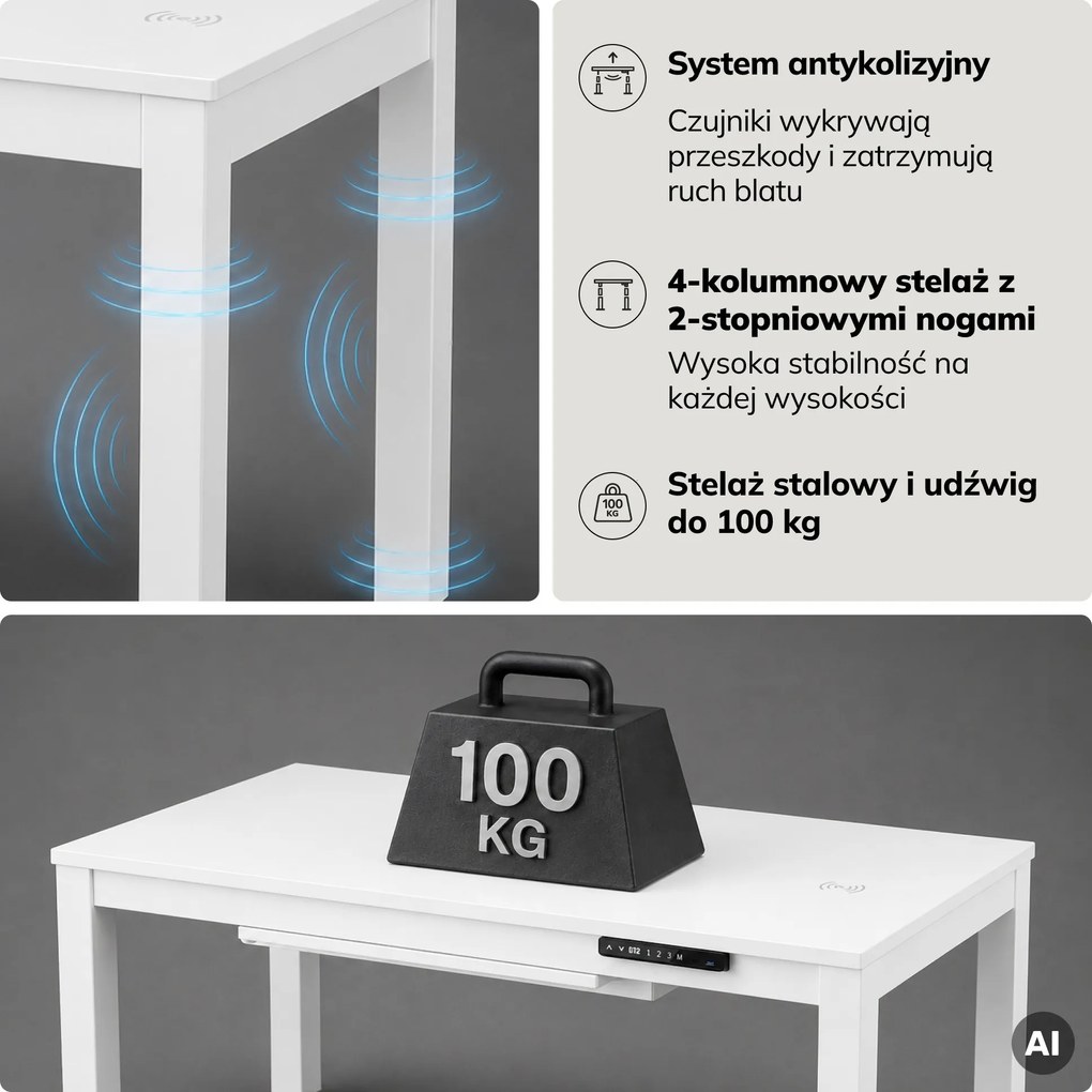 Biurko regulowane elektrycznie podnoszone białe, 120x63 cm: EVAN