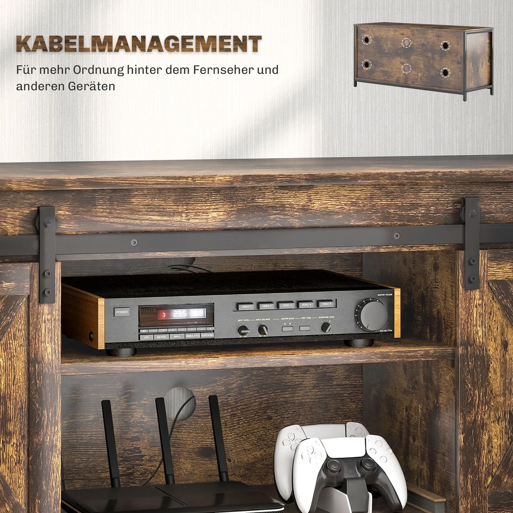 HOMCOM Niski stolik pod TV, design industrialny, na telewizory do 60'', 6 przegródek, 2 drzwi przesuwne, Brąz/Czarny