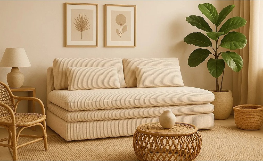 Sofa z funkcją spania i pojemnikiem OLIA, tkanina Poso, Beżowy