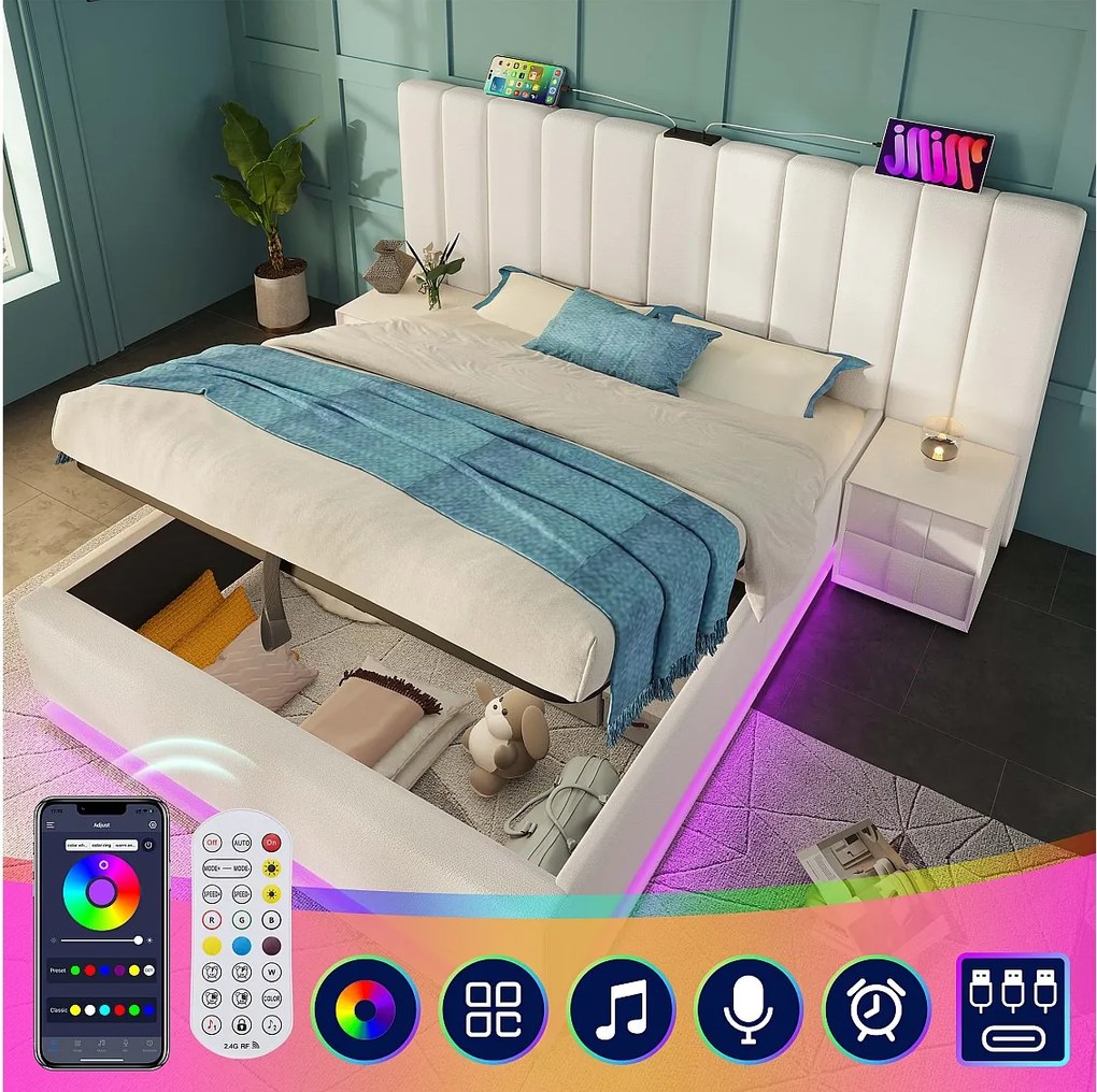 Łóżko ze schowkiem 160 x 200 cm z dużym zagłówkiem - Lampka do czytania i gniazda USB + Type-C - Diody LED - Skóra PU - Biały (bez materaca)