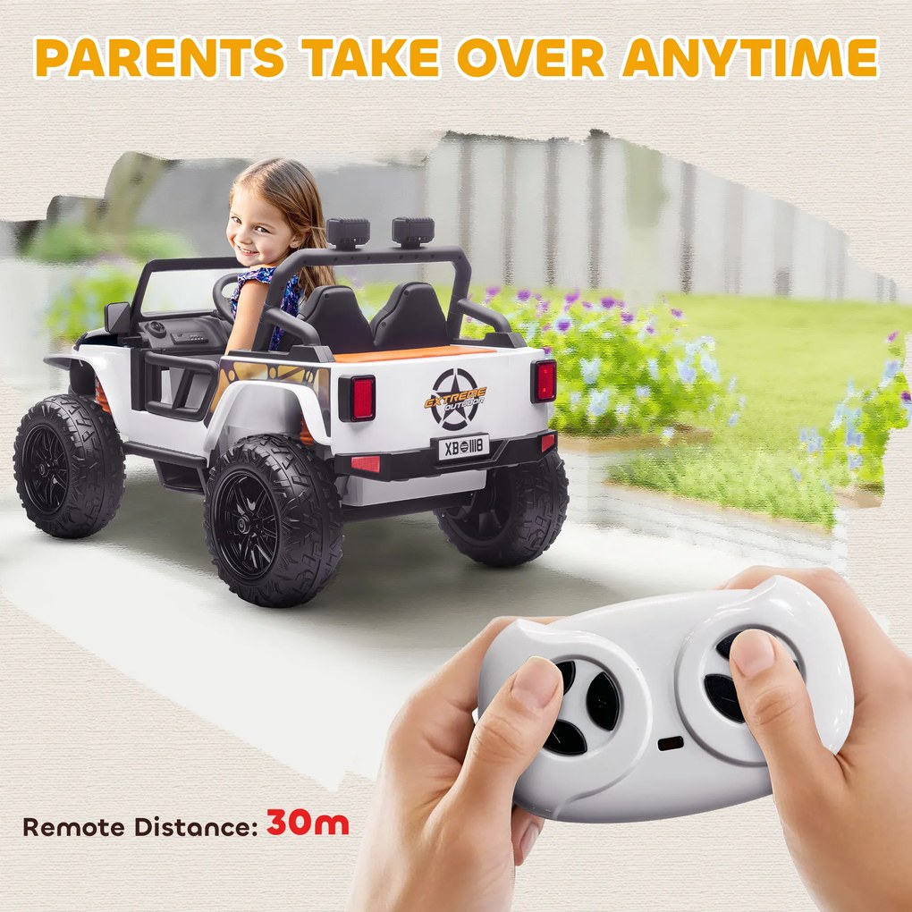 AIYAPLAY Pojazd elektryczny dla dzieci, bateria 12V, z miejscem rodzic-dziecko, zdalnie sterowalny, muzyka, klakson, lampy LED, 3-8 lat, Biały