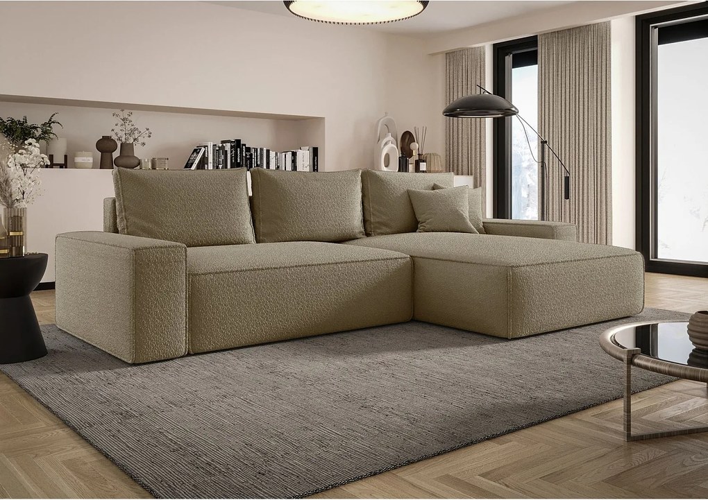 NAROŻNIK MONA z funkcją spania QUELLE 18 Jasny brąz Prawy Sofa w kształcie L z pojemnikiem na pościel, sofa rozkładana, sofa do salonu