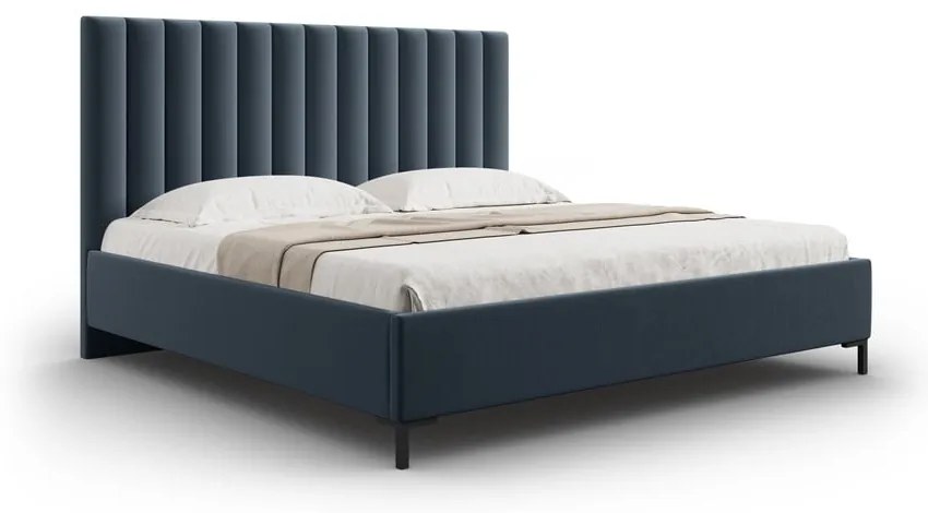 Ciemnoniebieskie tapicerowane łóżko dwuosobowe ze schowkiem i stelażem 180x200 cm Casey – Mazzini Beds