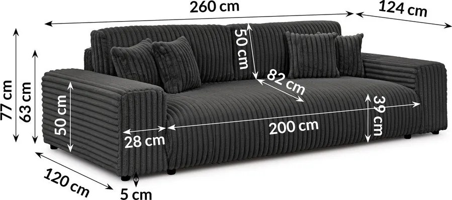 Ciemnoszara sztruksowa rozkładana sofa ze schowkiem 260 cm Justin – Ropez