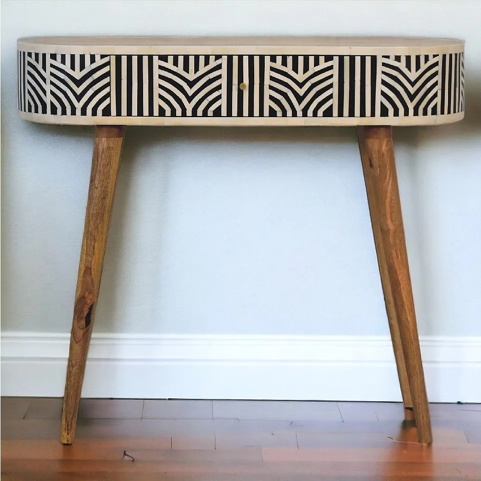 Konsola Edessa Artisan Furniture z intarsją z kości, 1 szuflada, jasnobrązowa