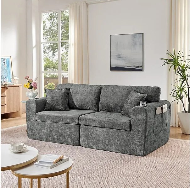 Modułowa 2-osobowa kanapa z tkaniny Chenille, z uchwytem na kubek i USB, 220x100x89cm, Szary