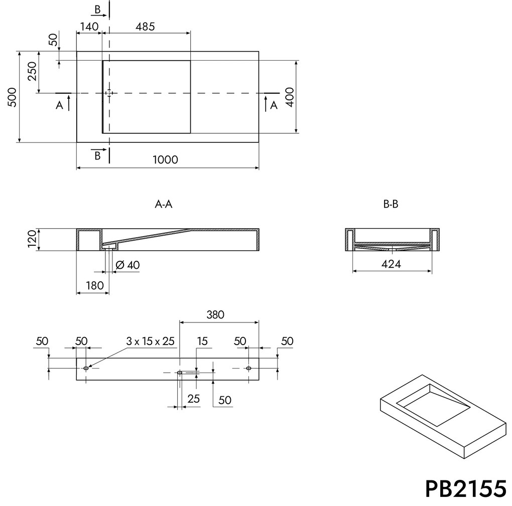 Umywalka ścienna PB2155 z odlewu mineralnegoBiały mat - z kanałem odpływowym - 100 x 50 x 12 cm