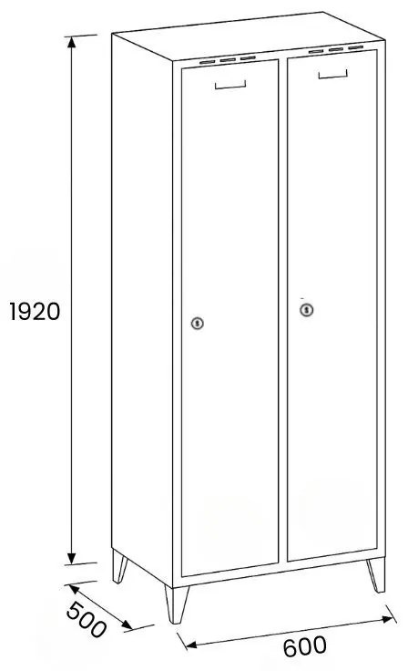 Metalowa szafka ubraniowa na nogach, 2-drzwiowa, 1920 x 600 x 500 mm, zamek obrotowy, drzwi szare