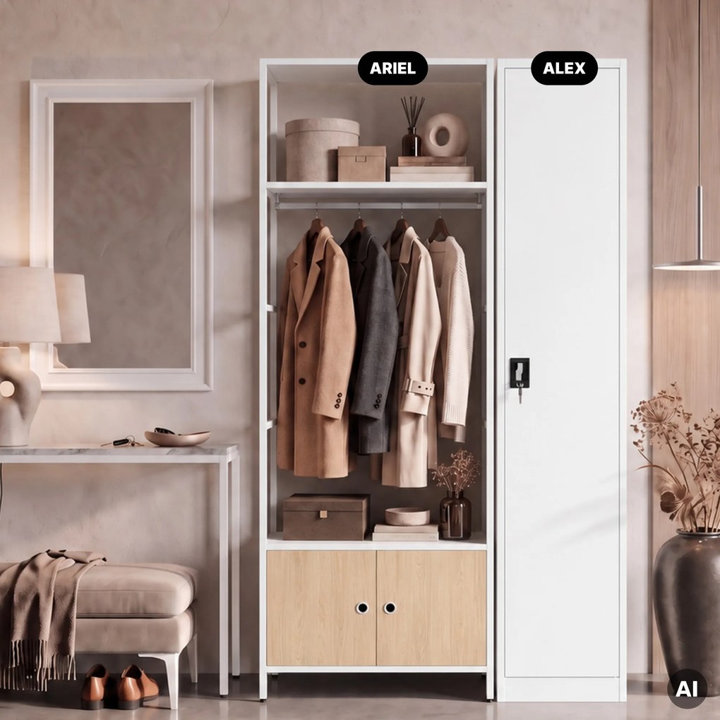 Regał biurowy otwarty z drążkiem na ubrania, do recepcji i poczekalni, metalowy, biały/dąb sonoma, 800x2200x400 mm: ARIEL Eco Design