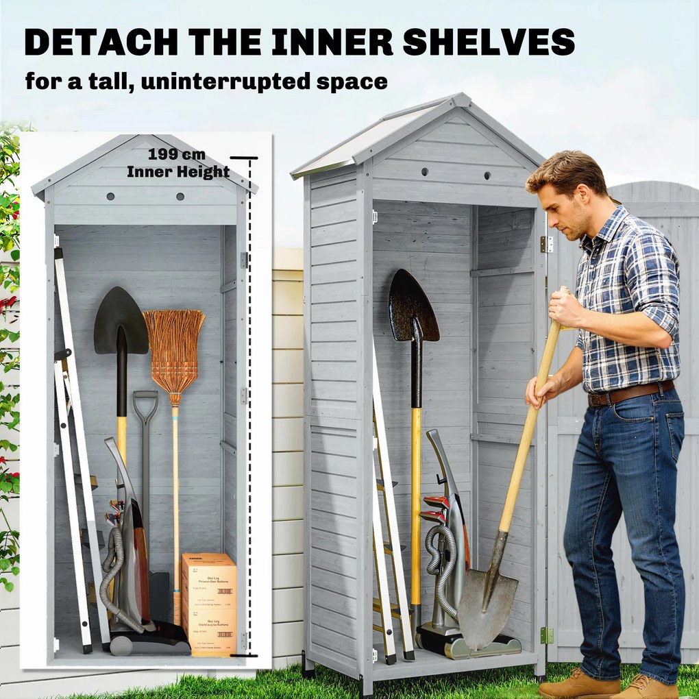 Outsunny Drewniany schowek ogrodowy, wysoki schowek na narzędzia z regulowanymi półkami, magnetyczne drzwi, galwanizowany dach, wentylacja | Aosom PL