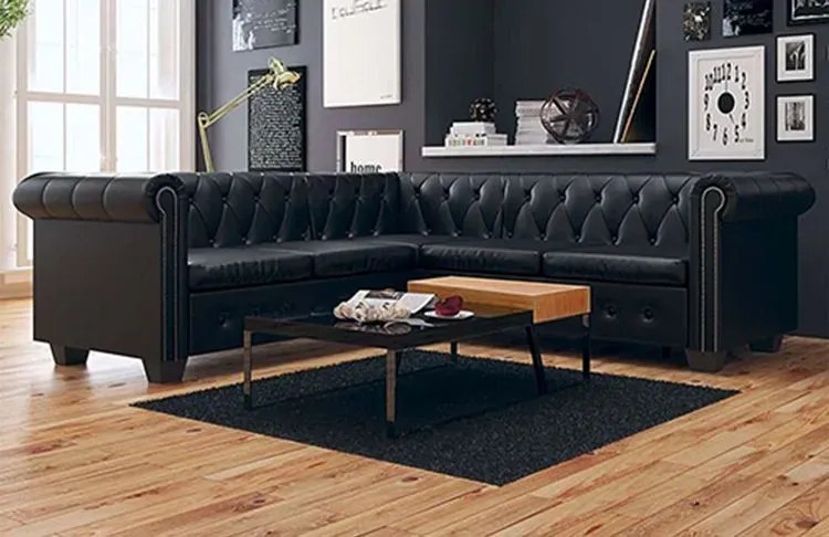 Czarny 5-osobowy narożnik w stylu chesterfield W7-R28