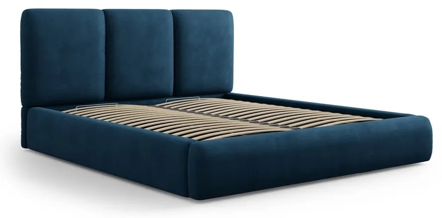 Ciemnoniebieskie tapicerowane łóżko dwuosobowe ze schowkiem i stelażem 140x200 cm Brody – Mazzini Beds