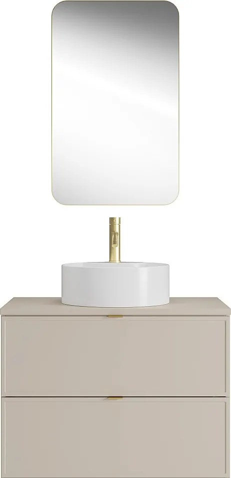 Wisząca szafka łazienkowa z okrągłą umywalką nablatową, baterią i lustrem – Beżowa – 80 cm – ONDIL