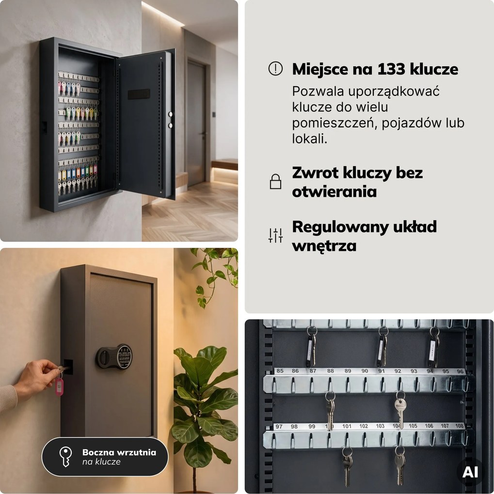 Szafka na klucze elektroniczna z wrzutnią i zamkiem na kod, na 133 klucze, 430x665x130 mm: BRUCE
