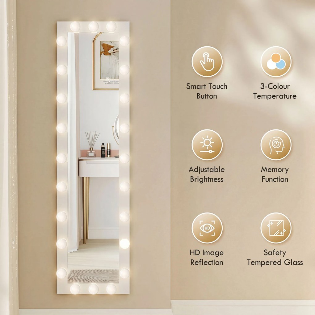 HOMCOM Lustro całopostaci 150x40 cm Lustro LED z 24 żarówkami 3 barwy światła, wolnostojące, do oparcia lub montażu na ścianie Biały | Aosom PL
