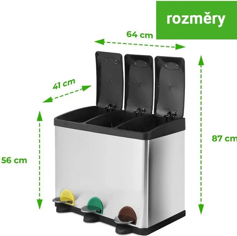 JAGO Kosz na śmieci z pedałem, stal nierdzewna, 3 x 20 L