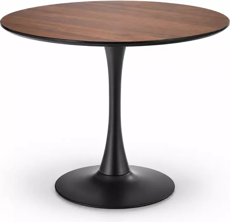 Stół Kinzly 90 cm – elegancki okrągły stół z orzechowym blatem z MDF i czarną metalową nogą do kuchni