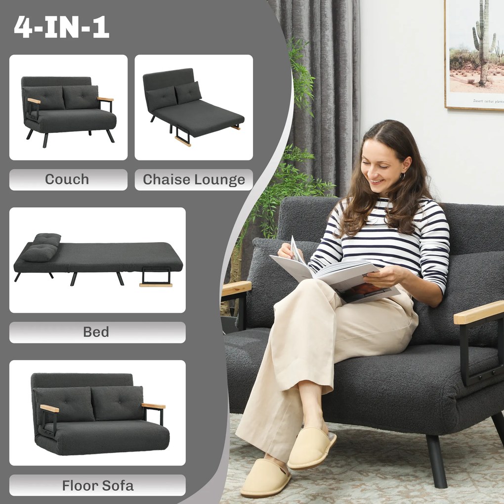 HOMCOM Sofa rozkładana 2-osobowa z funkcją spania, w zestawie 2 poduszki, wygląd Sherpa, naturalny + ciemnoszary + czarny | Aosom PL