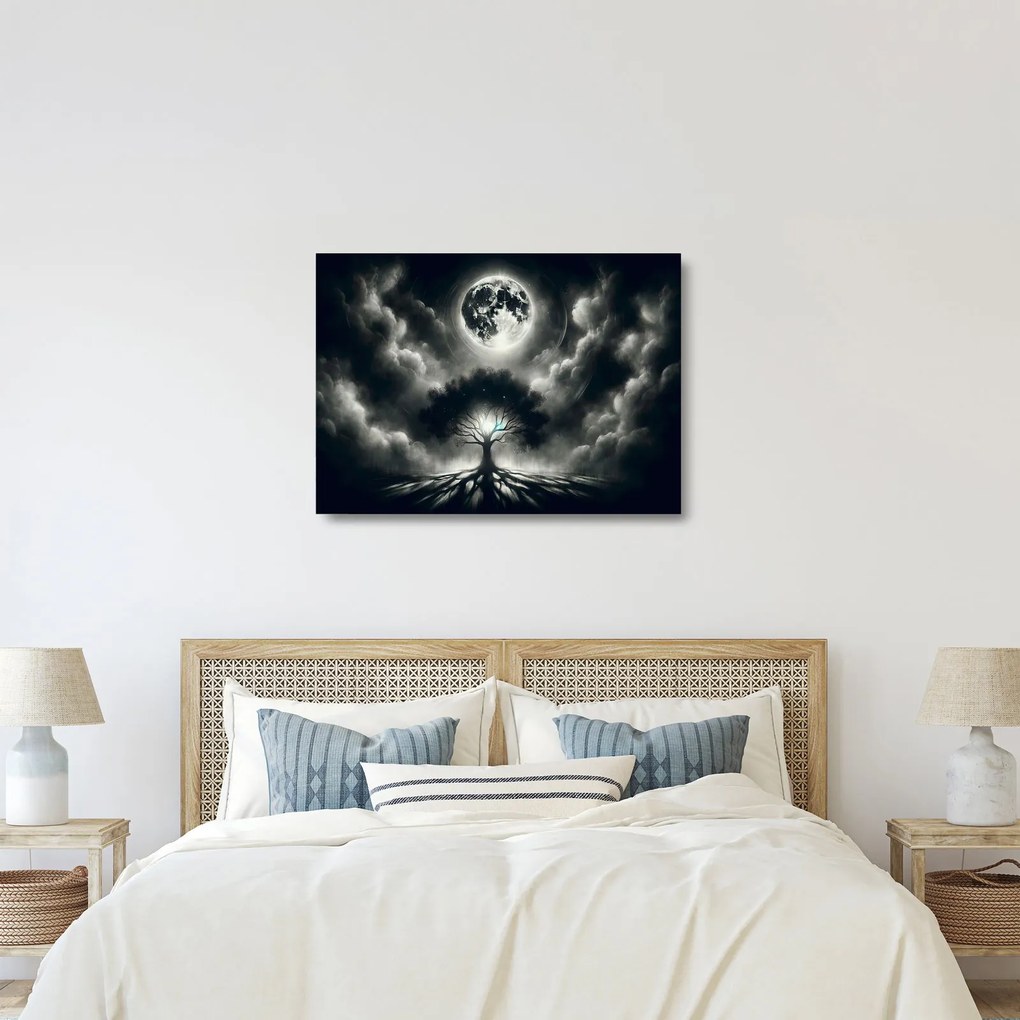 Obraz na szkle – Czarno-białe drzewo w pełni księżyca (70x50 cm)